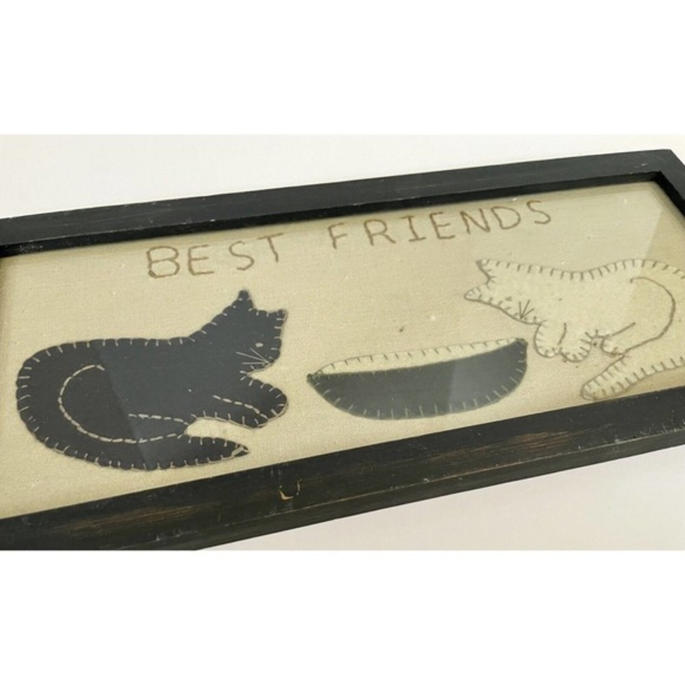 Primitive Stitched Fabric kittens "Best Friends" framed‎ cats picture art - Picture 2 of 4